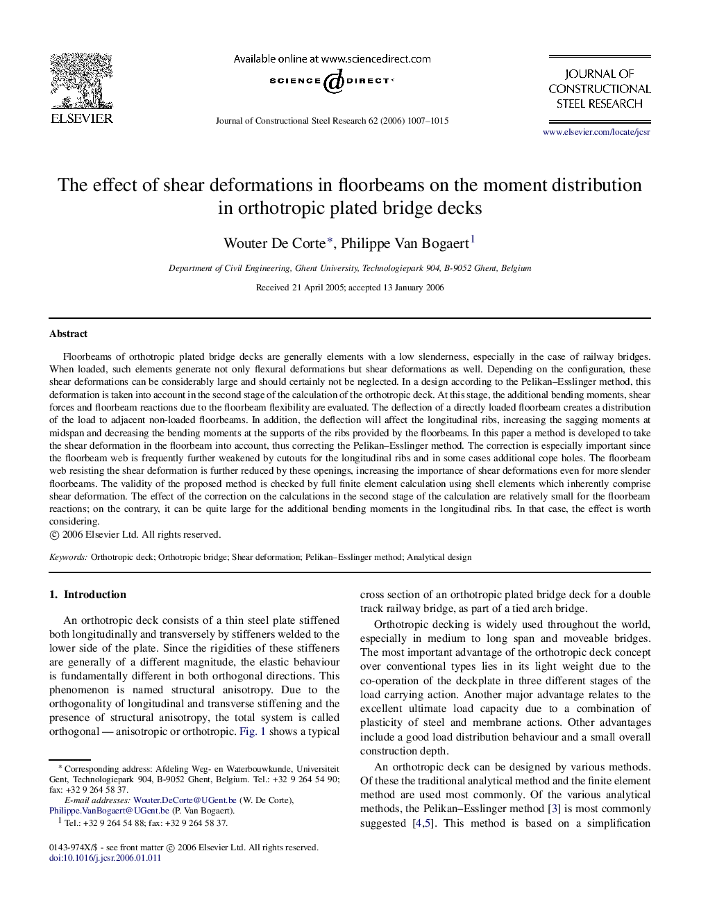 The effect of shear deformations in floorbeams on the moment distribution in orthotropic plated bridge decks