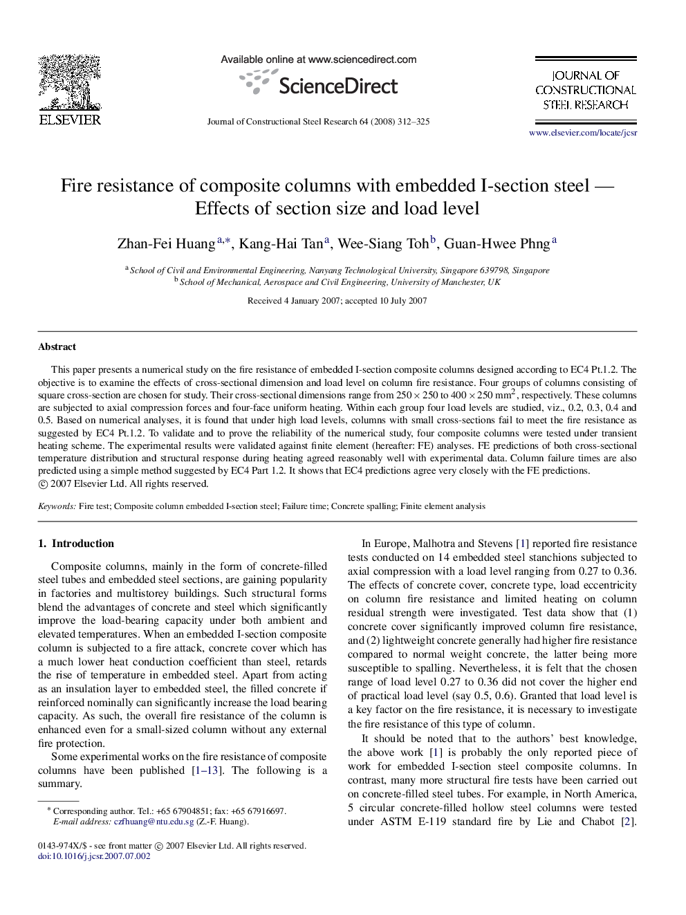 Fire resistance of composite columns with embedded I-section steel — Effects of section size and load level