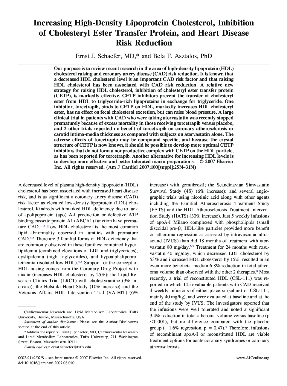 عکس صفحه اول مقاله: Increasing High-Density Lipoprotein Cholesterol, Inhibition of Cholesteryl Ester Transfer Protein, and Heart Disease Risk Reduction Increasing High-Density Lipoprotein Cholesterol, Inhibition of Cholesteryl Ester Transfer Protein, and Heart Disease Risk Reduction
