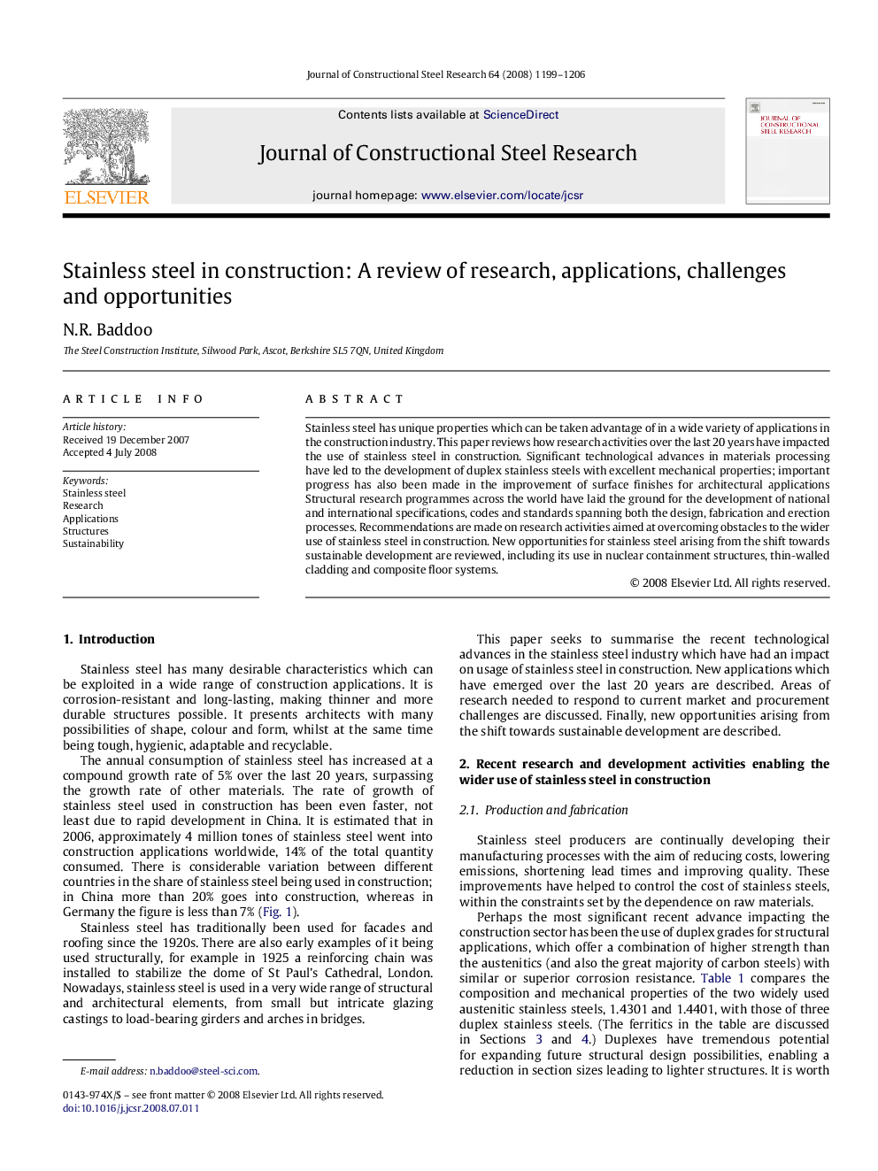 Stainless steel in construction: A review of research, applications, challenges and opportunities