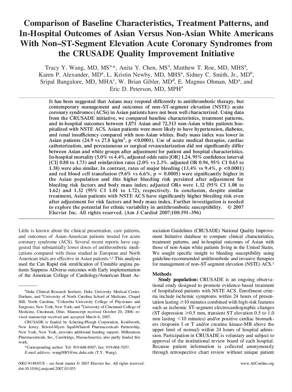 Comparison of Baseline Characteristics, Treatment Patterns, and In-Hospital Outcomes of Asian Versus Non-Asian White Americans With Non–ST-Segment Elevation Acute Coronary Syndromes from the CRUSADE Quality Improvement Initiative 