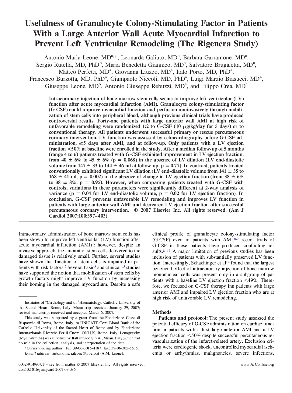 Usefulness of Granulocyte Colony-Stimulating Factor in Patients With a Large Anterior Wall Acute Myocardial Infarction to Prevent Left Ventricular Remodeling (The Rigenera Study) 