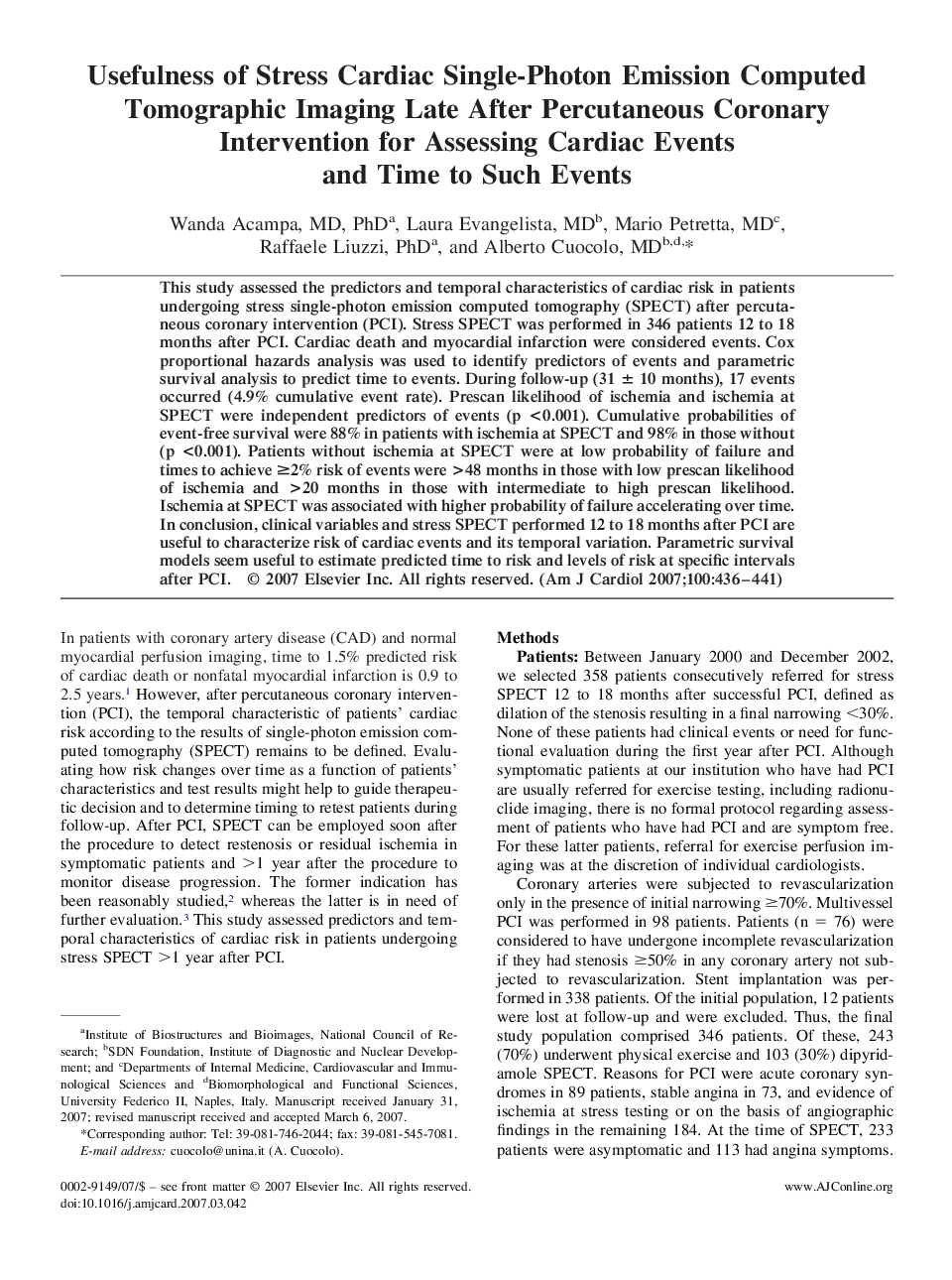 Usefulness of Stress Cardiac Single-Photon Emission Computed Tomographic Imaging Late After Percutaneous Coronary Intervention for Assessing Cardiac Events and Time to Such Events