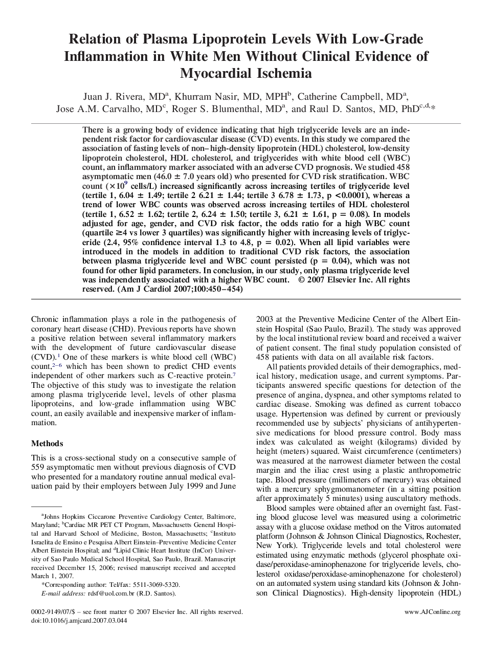 Relation of Plasma Lipoprotein Levels With Low-Grade Inflammation in White Men Without Clinical Evidence of Myocardial Ischemia