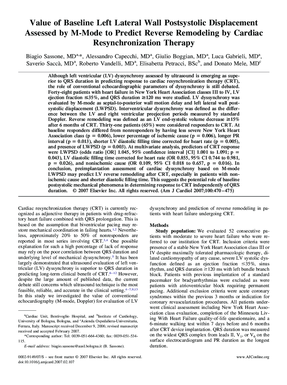 Value of Baseline Left Lateral Wall Postsystolic Displacement Assessed by M-Mode to Predict Reverse Remodeling by Cardiac Resynchronization Therapy