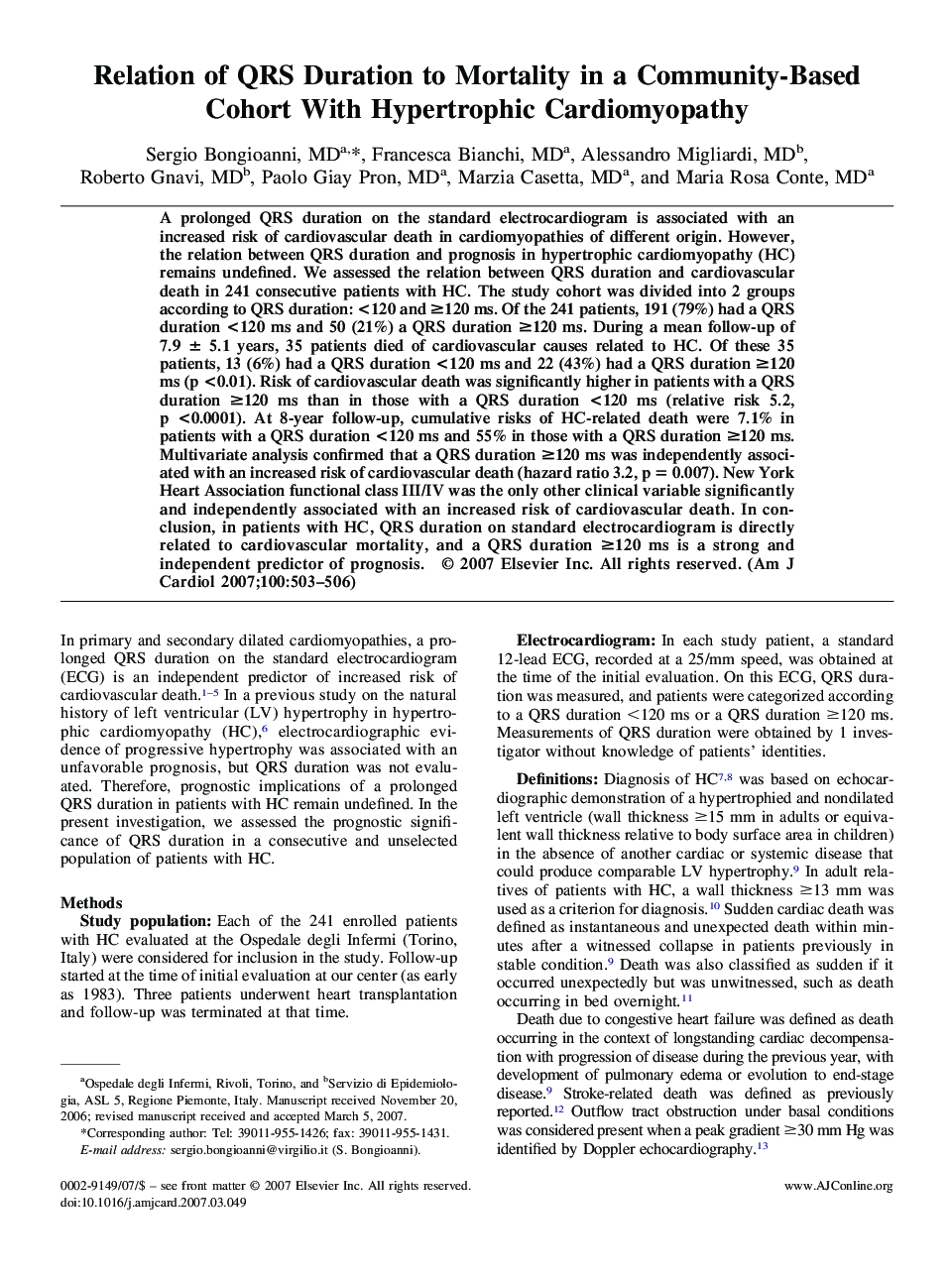 Relation of QRS Duration to Mortality in a Community-Based Cohort With Hypertrophic Cardiomyopathy