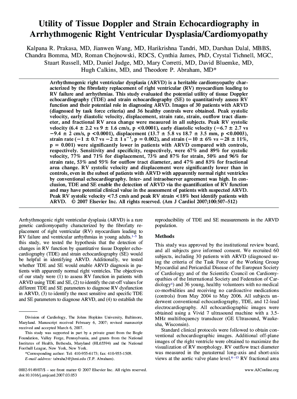 Utility of Tissue Doppler and Strain Echocardiography in Arrhythmogenic Right Ventricular Dysplasia/Cardiomyopathy 