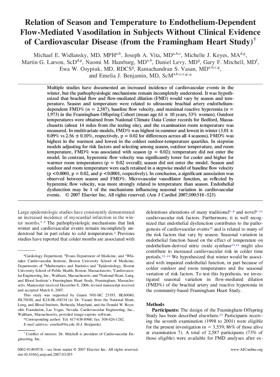 Relation of Season and Temperature to Endothelium-Dependent Flow-Mediated Vasodilation in Subjects Without Clinical Evidence of Cardiovascular Disease (from the Framingham Heart Study)† 