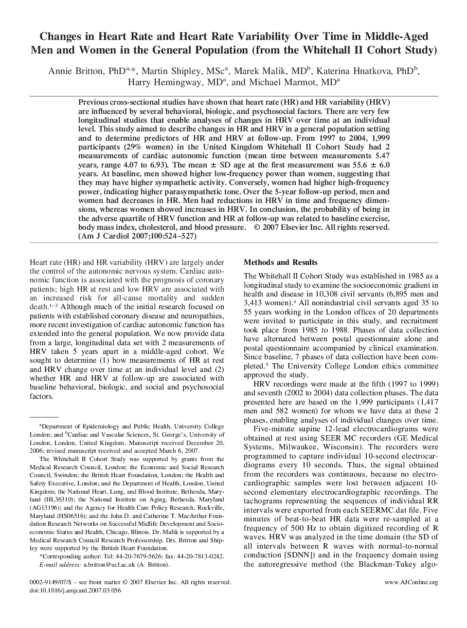 Changes in Heart Rate and Heart Rate Variability Over Time in Middle-Aged Men and Women in the General Population (from the Whitehall II Cohort Study) 