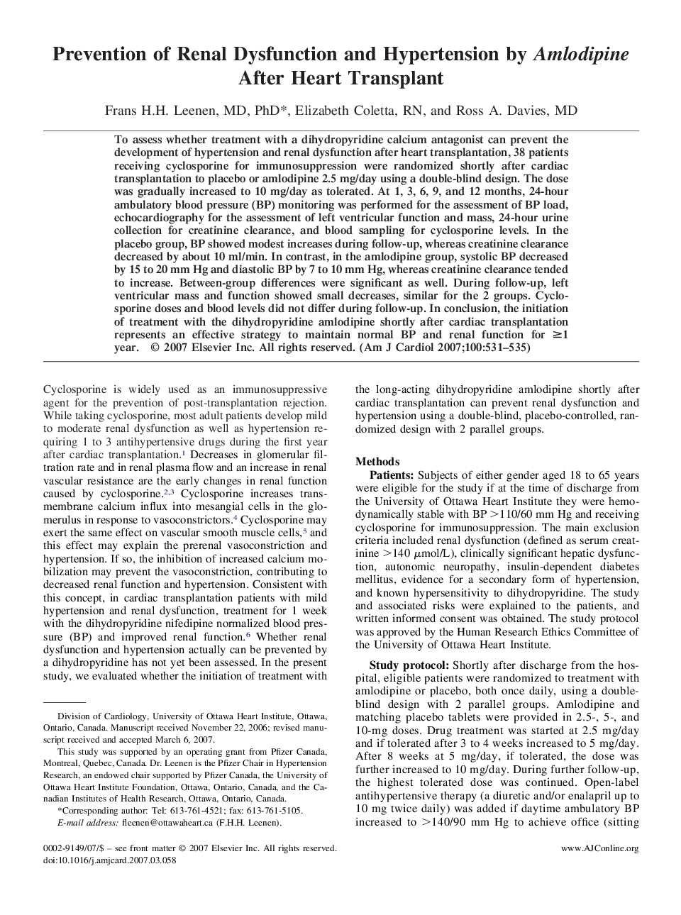 Prevention of Renal Dysfunction and Hypertension by Amlodipine After Heart Transplant 