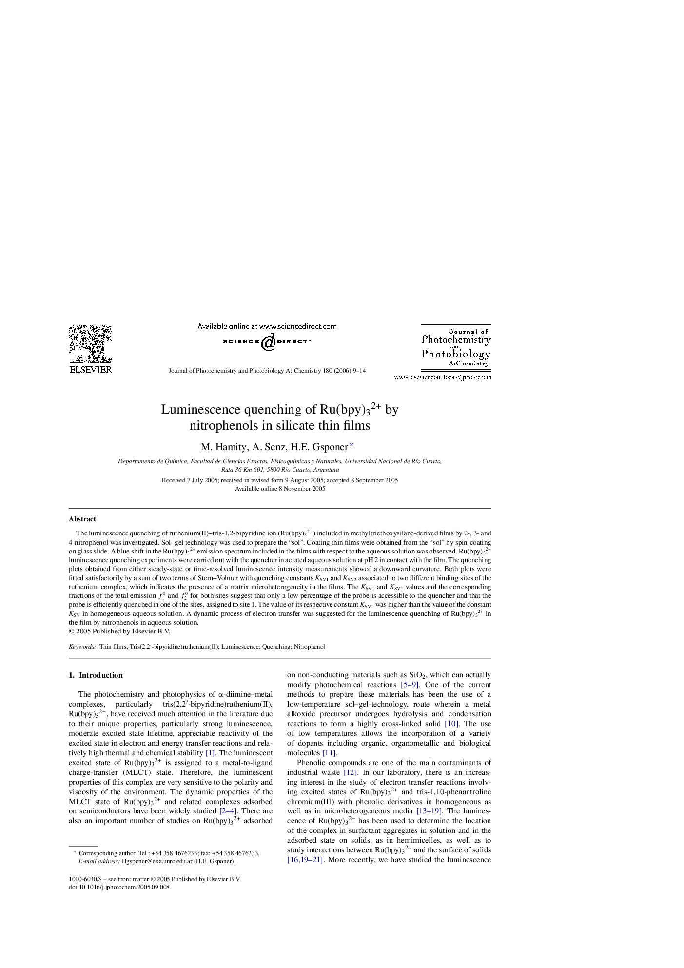 Luminescence quenching of Ru(bpy)32+ by nitrophenols in silicate thin films