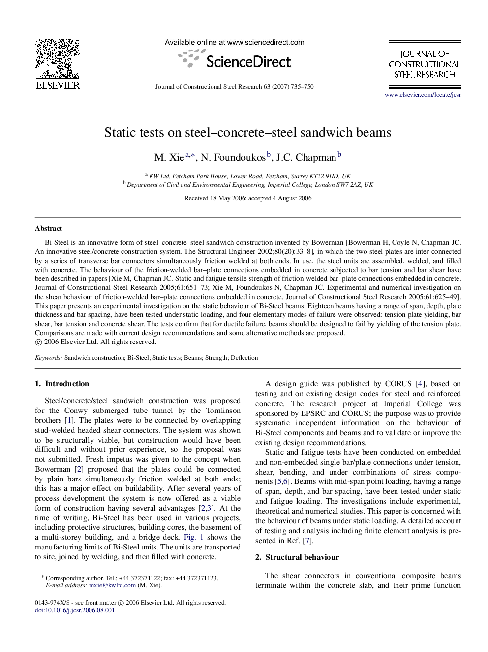 Static tests on steel–concrete–steel sandwich beams