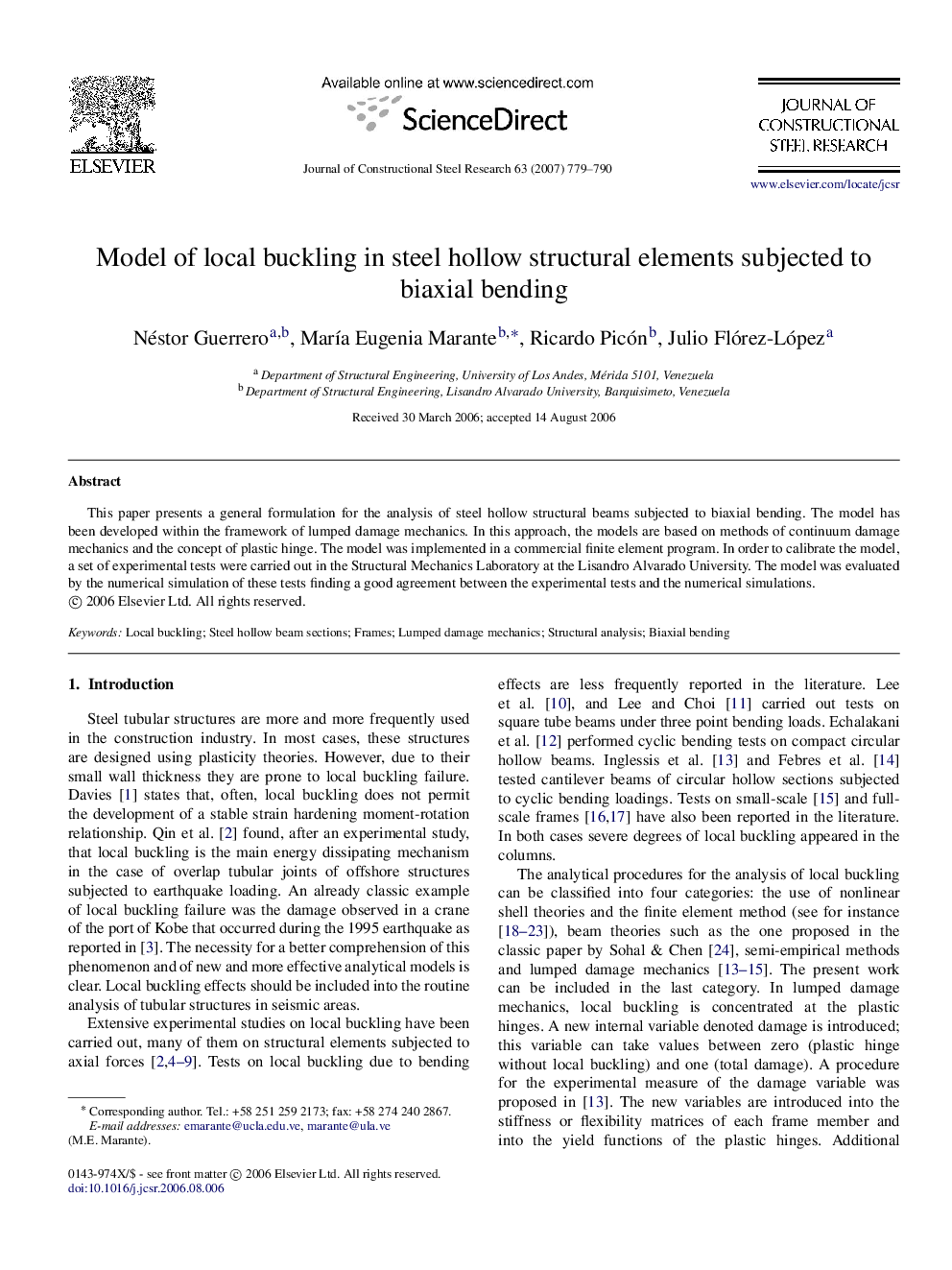 Model of local buckling in steel hollow structural elements subjected to biaxial bending