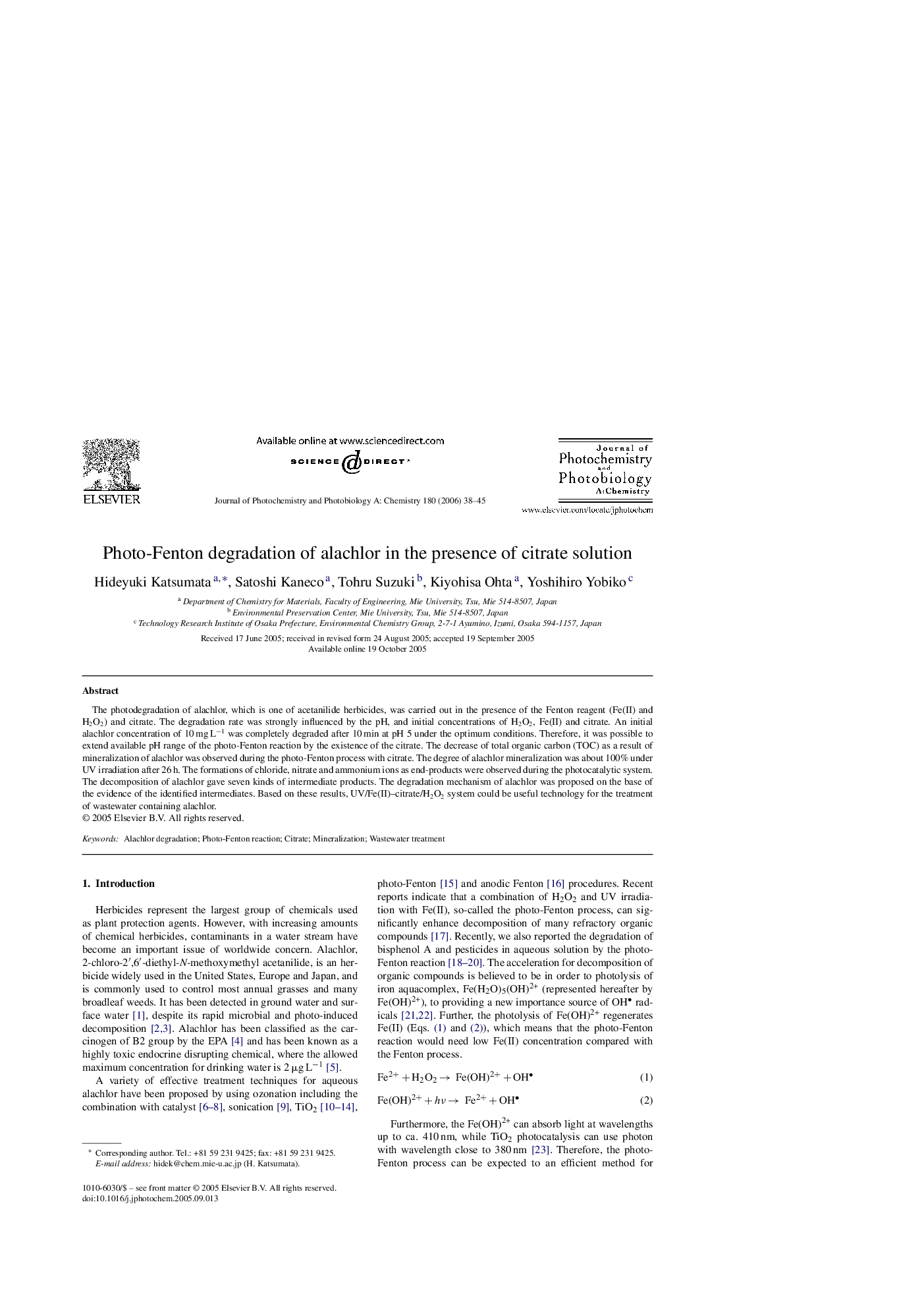 Photo-Fenton degradation of alachlor in the presence of citrate solution