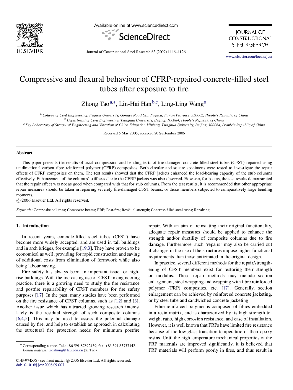 Compressive and flexural behaviour of CFRP-repaired concrete-filled steel tubes after exposure to fire