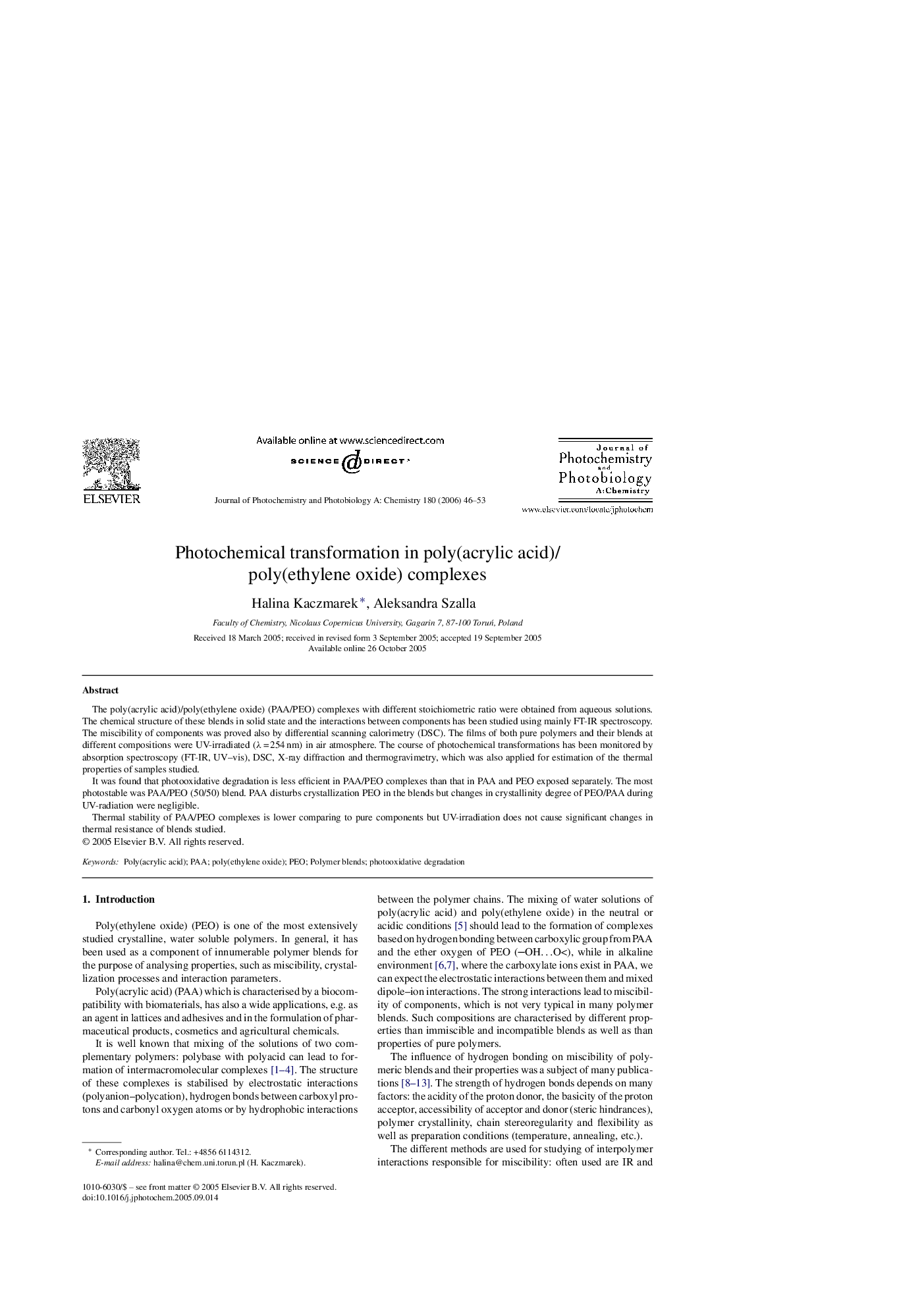 Photochemical transformation in poly(acrylic acid)/poly(ethylene oxide) complexes