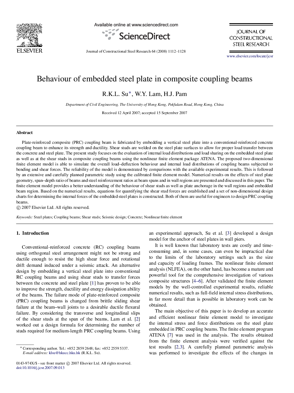 Behaviour of embedded steel plate in composite coupling beams