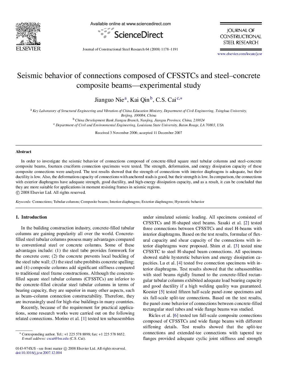 Seismic behavior of connections composed of CFSSTCs and steel–concrete composite beams—experimental study