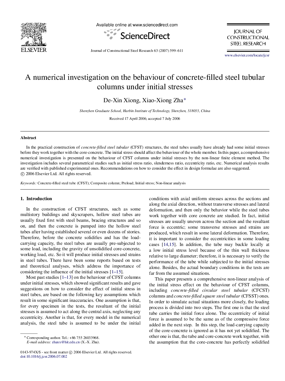 A numerical investigation on the behaviour of concrete-filled steel tubular columns under initial stresses