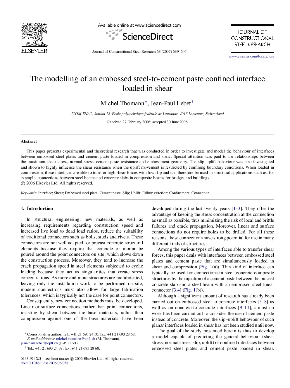 The modelling of an embossed steel-to-cement paste confined interface loaded in shear