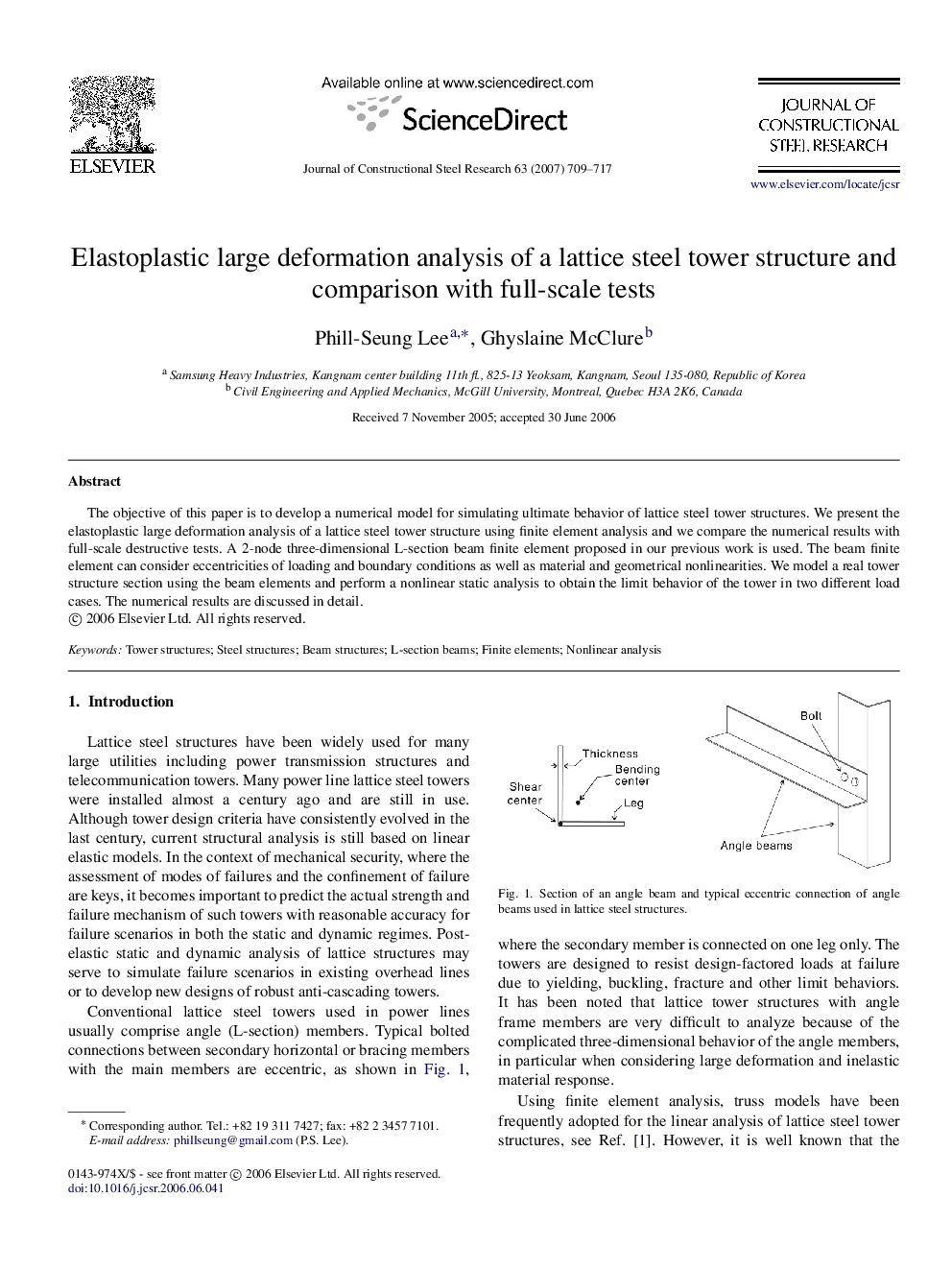 Elastoplastic large deformation analysis of a lattice steel tower structure and comparison with full-scale tests