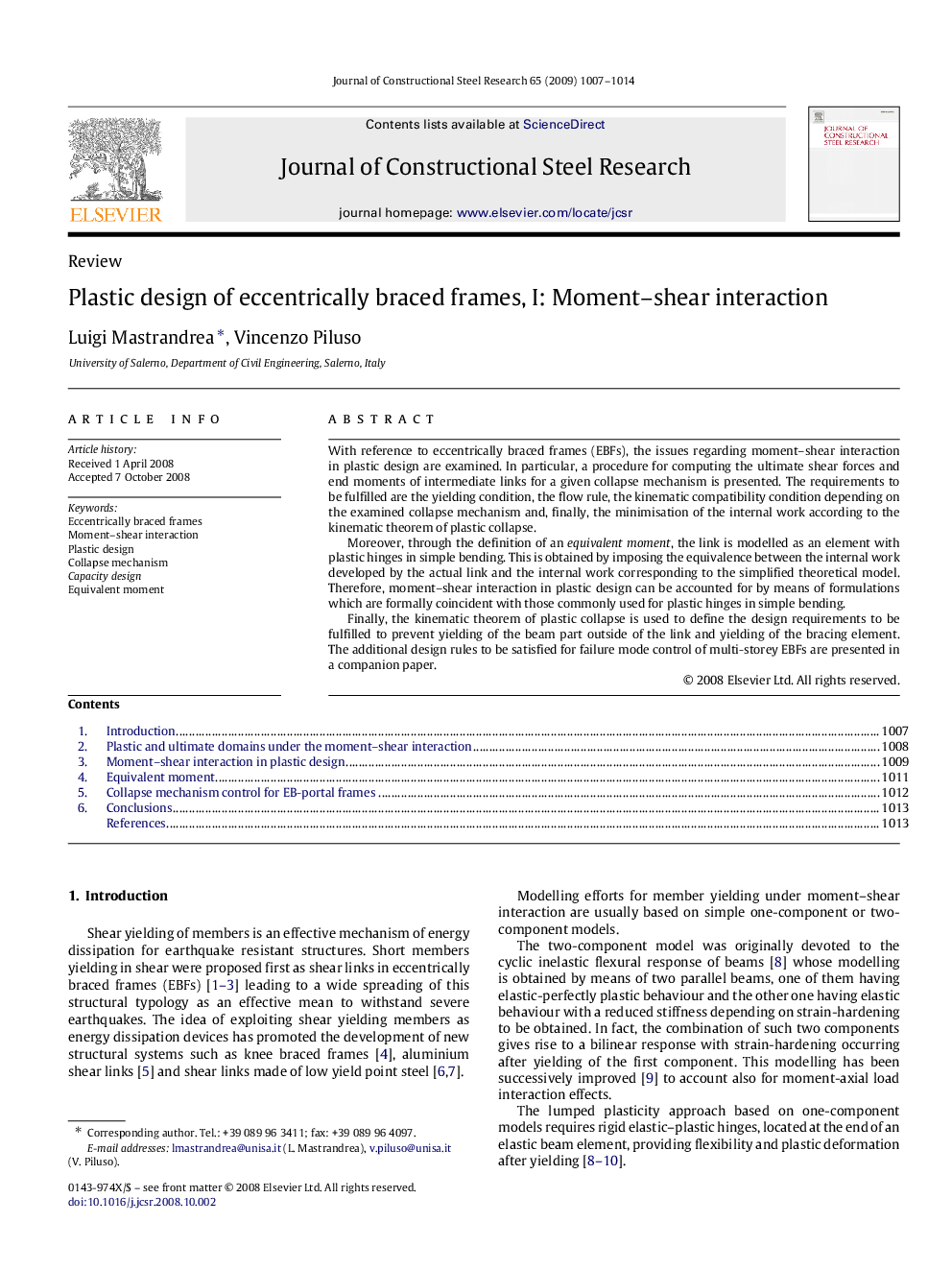 Plastic design of eccentrically braced frames, I: Moment–shear interaction