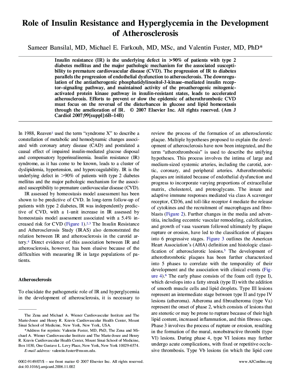 Role of Insulin Resistance and Hyperglycemia in the Development of Atherosclerosis