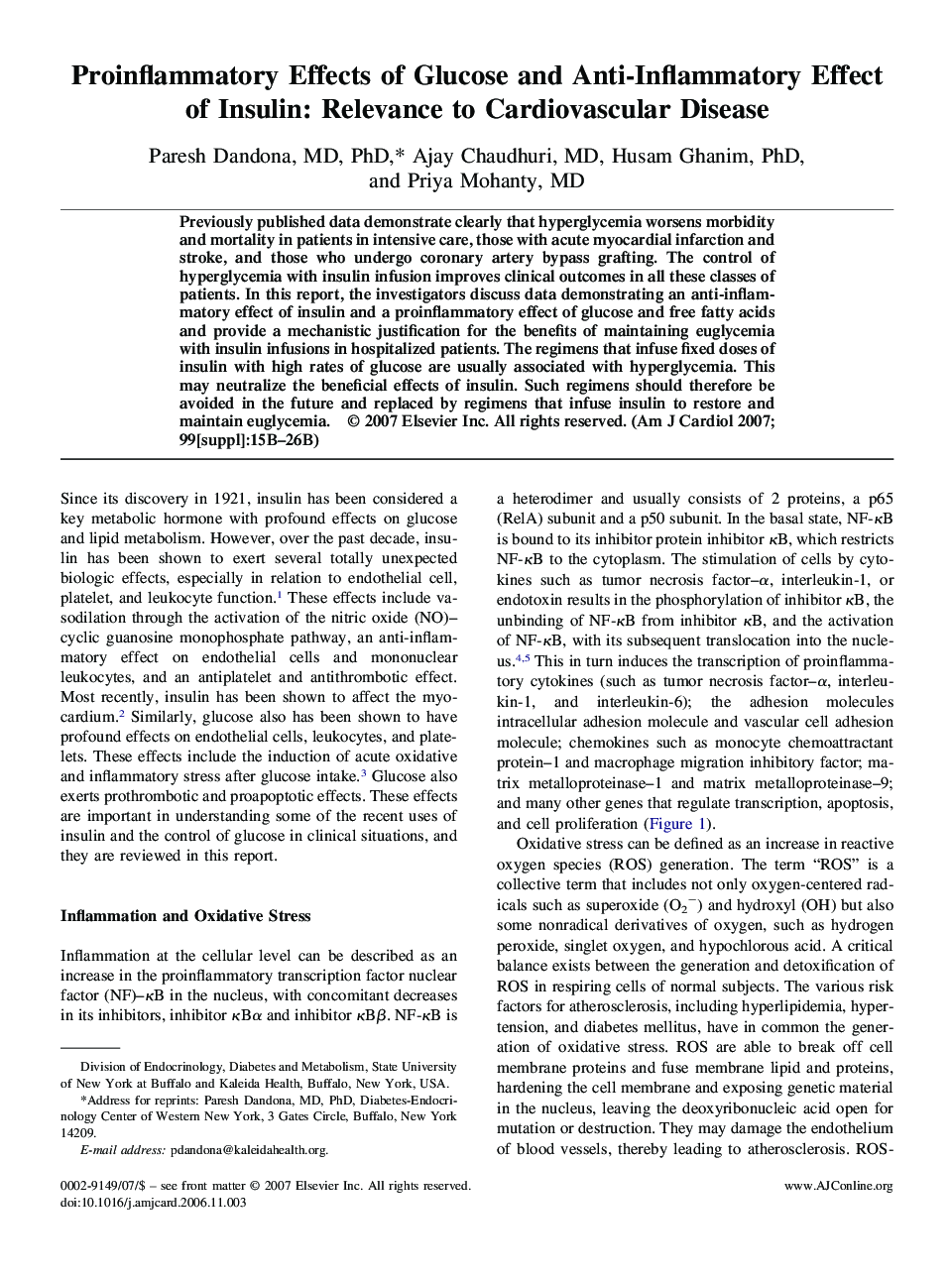 Proinflammatory Effects of Glucose and Anti-Inflammatory Effect of Insulin: Relevance to Cardiovascular Disease