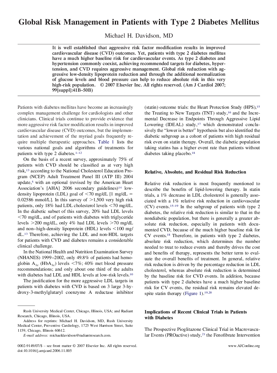 Global Risk Management in Patients with Type 2 Diabetes Mellitus