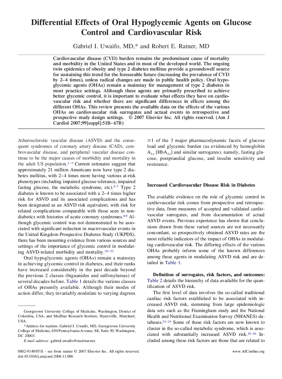 Differential Effects of Oral Hypoglycemic Agents on Glucose Control and Cardiovascular Risk