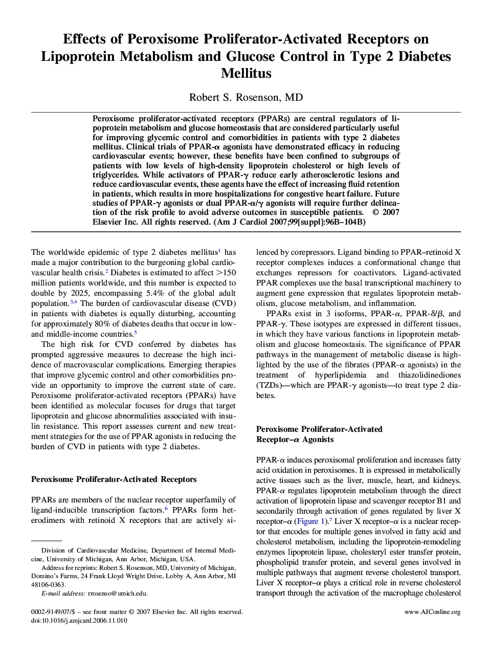 Effects of Peroxisome Proliferator-Activated Receptors on Lipoprotein Metabolism and Glucose Control in Type 2 Diabetes Mellitus