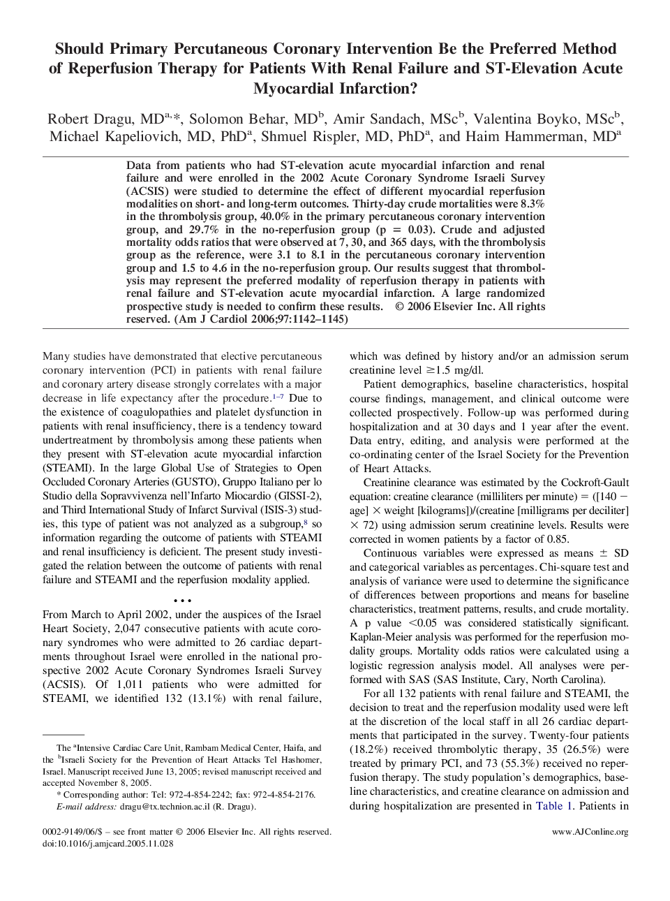 عکس صفحه اول مقاله: Should Primary Percutaneous Coronary Intervention Be the Preferred Method of Reperfusion Therapy for Patients With Renal Failure and ST-Elevation Acute Myocardial Infarction? Should Primary Percutaneous Coronary Intervention Be the Preferred Method of Reperfusion Therapy for Patients With Renal Failure and ST-Elevation Acute Myocardial Infarction?