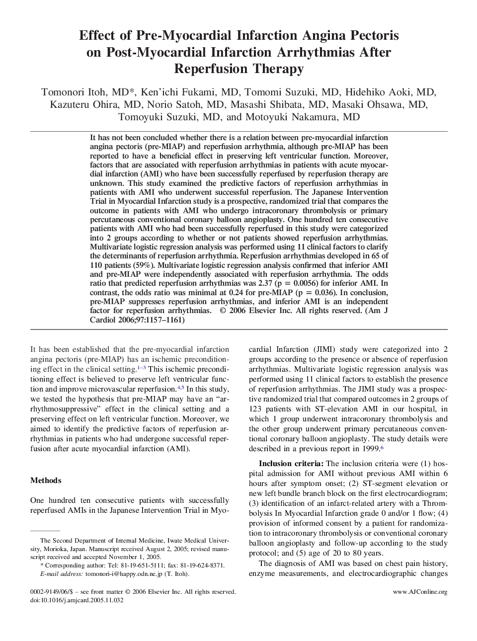 Effect of Pre-Myocardial Infarction Angina Pectoris on Post-Myocardial Infarction Arrhythmias After Reperfusion Therapy