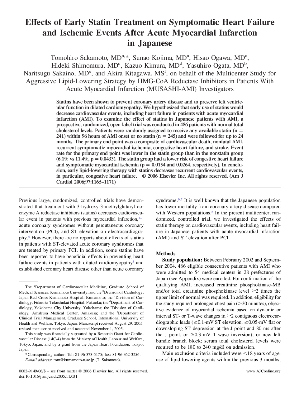عکس صفحه اول مقاله: Effects of Early Statin Treatment on Symptomatic Heart Failure and Ischemic Events After Acute Myocardial Infarction in Japanese Effects of Early Statin Treatment on Symptomatic Heart Failure and Ischemic Events After Acute Myocardial Infarction in Japanese