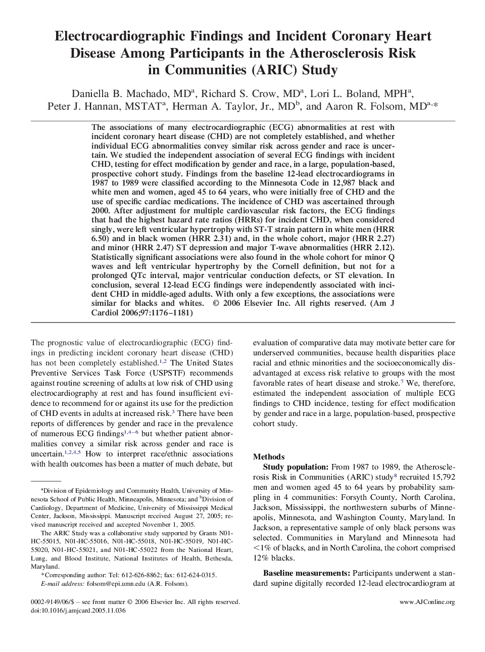 عکس صفحه اول مقاله: Electrocardiographic Findings and Incident Coronary Heart Disease Among Participants in the Atherosclerosis Risk in Communities (ARIC) Study Electrocardiographic Findings and Incident Coronary Heart Disease Among Participants in the Atherosclerosis Risk in Communities (ARIC) Study