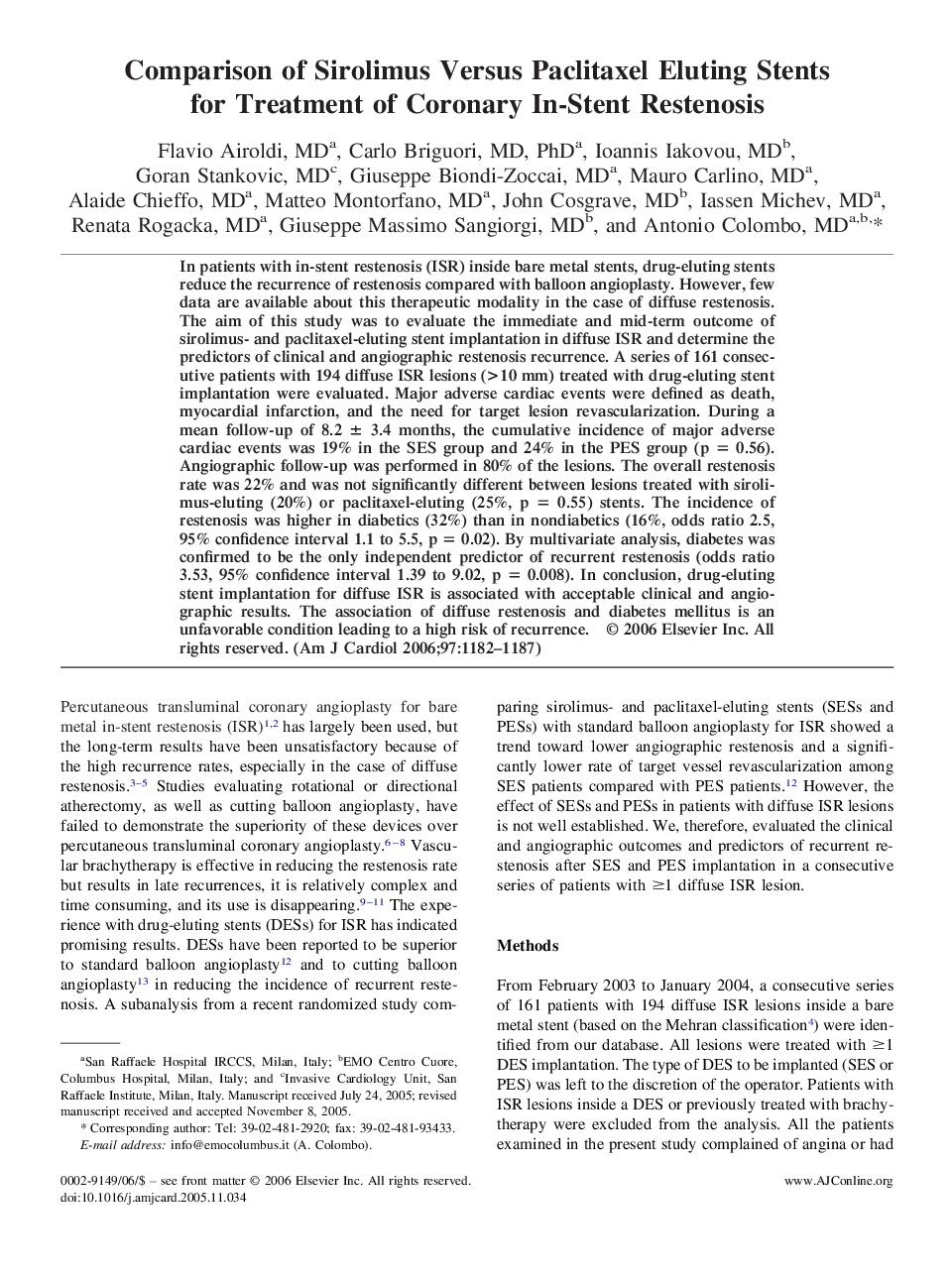 Comparison of Sirolimus Versus Paclitaxel Eluting Stents for Treatment of Coronary In-Stent Restenosis