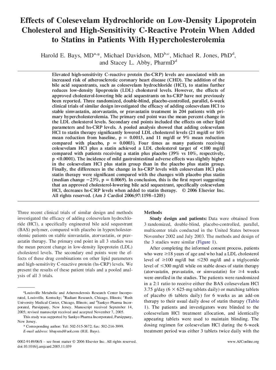 عکس صفحه اول مقاله: Effects of Colesevelam Hydrochloride on Low-Density Lipoprotein Cholesterol and High-Sensitivity C-Reactive Protein When Added to Statins in Patients With Hypercholesterolemia Effects of Colesevelam Hydrochloride on Low-Density Lipoprotein Cholesterol and High-Sensitivity C-Reactive Protein When Added to Statins in Patients With Hypercholesterolemia