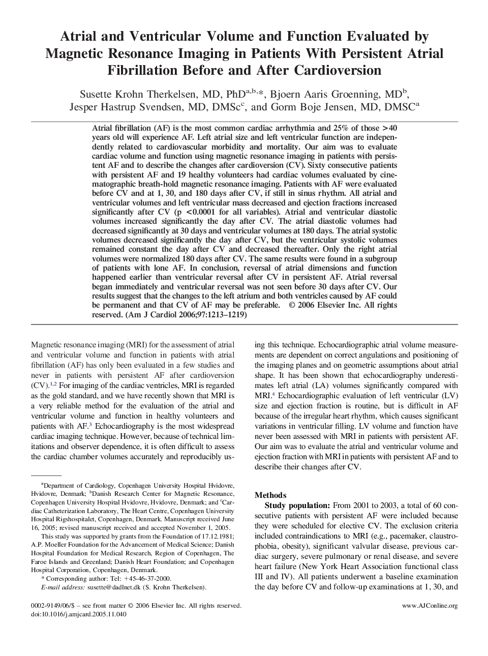 Atrial and Ventricular Volume and Function Evaluated by Magnetic Resonance Imaging in Patients With Persistent Atrial Fibrillation Before and After Cardioversion 