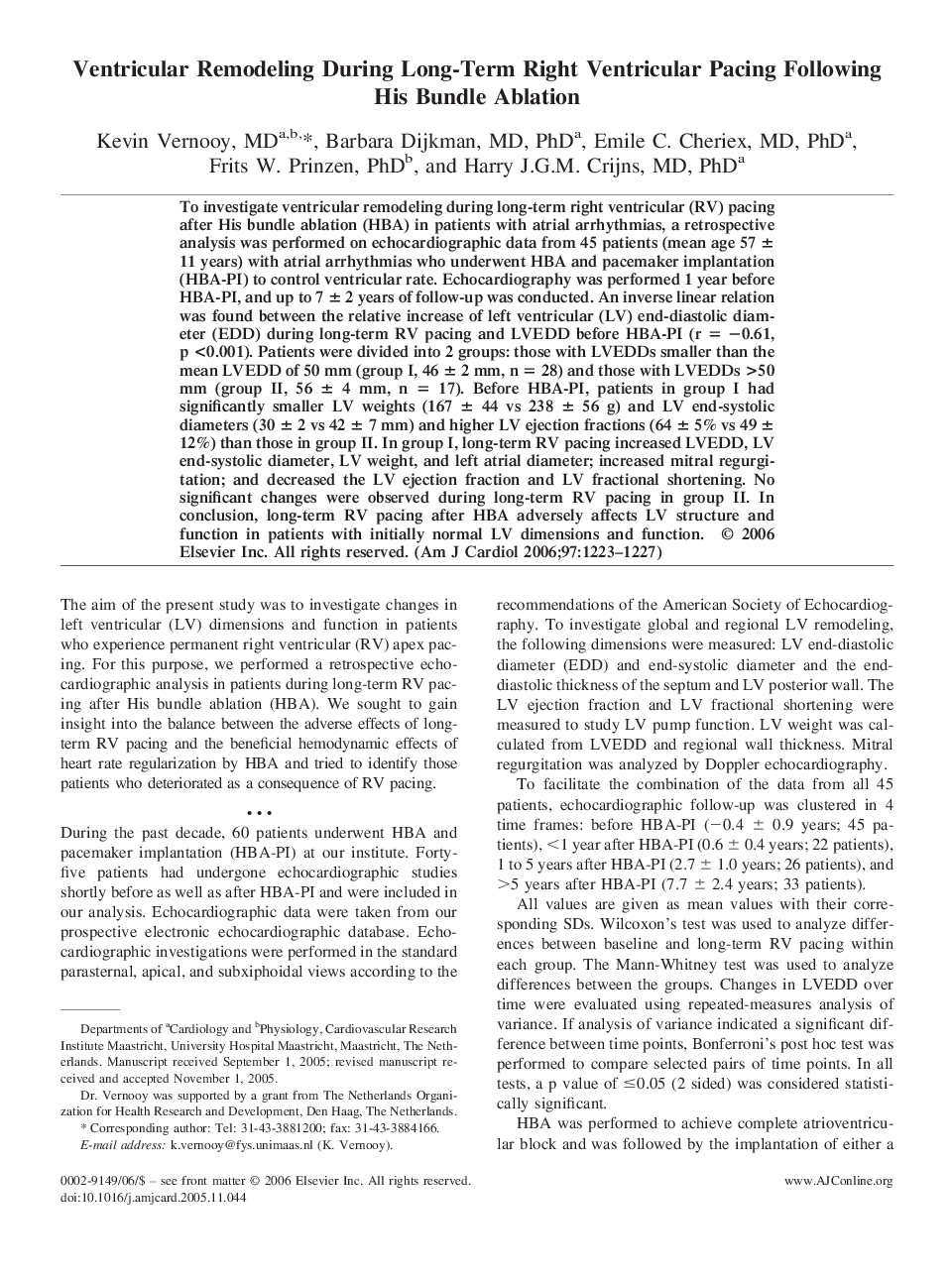 Ventricular Remodeling During Long-Term Right Ventricular Pacing Following His Bundle Ablation 