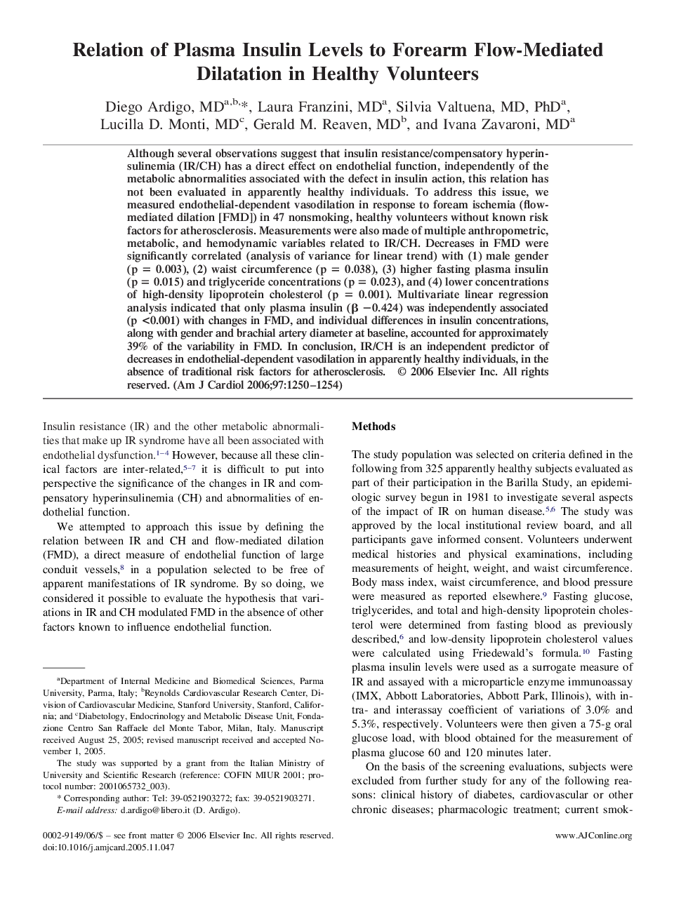 عکس صفحه اول مقاله: Relation of Plasma Insulin Levels to Forearm Flow-Mediated Dilatation in Healthy Volunteers Relation of Plasma Insulin Levels to Forearm Flow-Mediated Dilatation in Healthy Volunteers