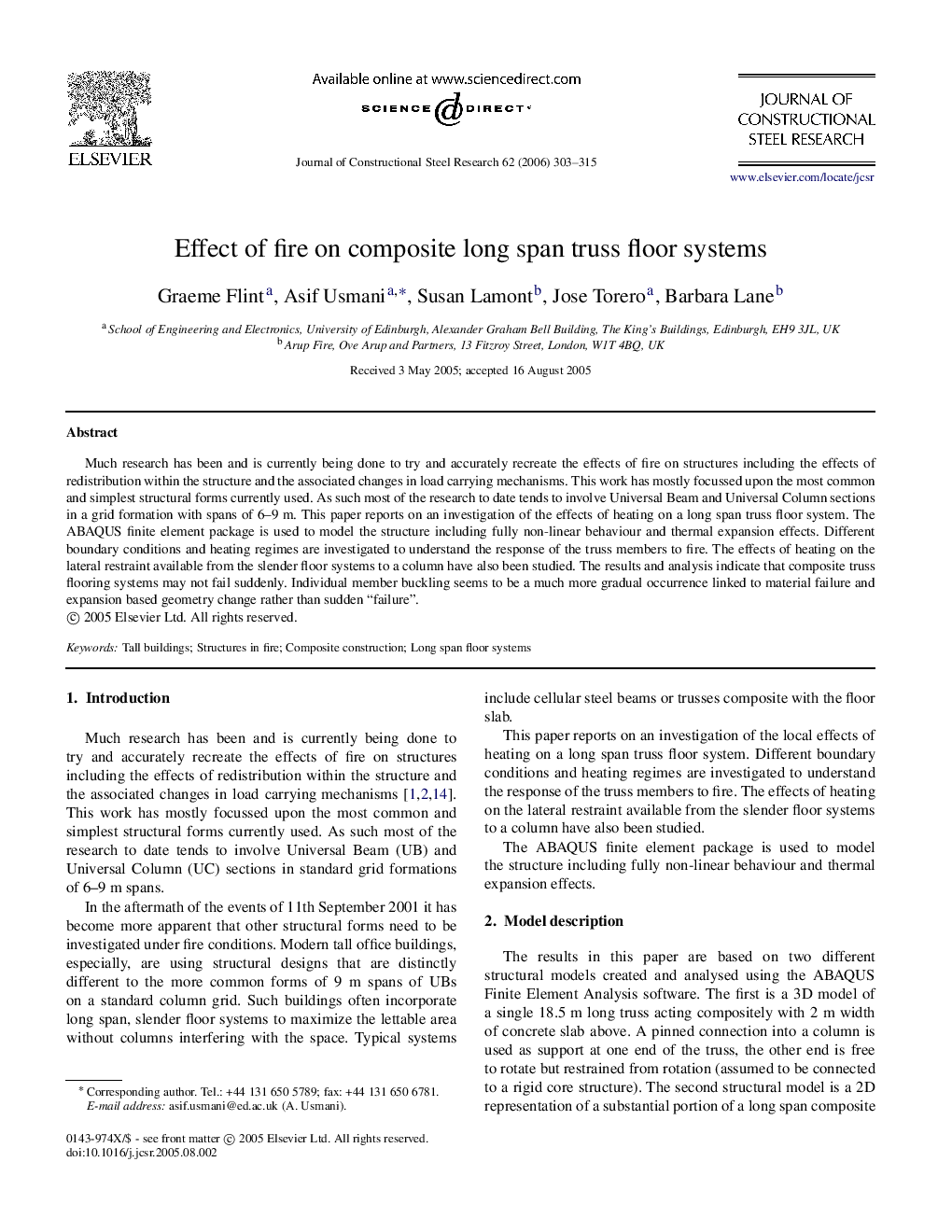 Effect of fire on composite long span truss floor systems