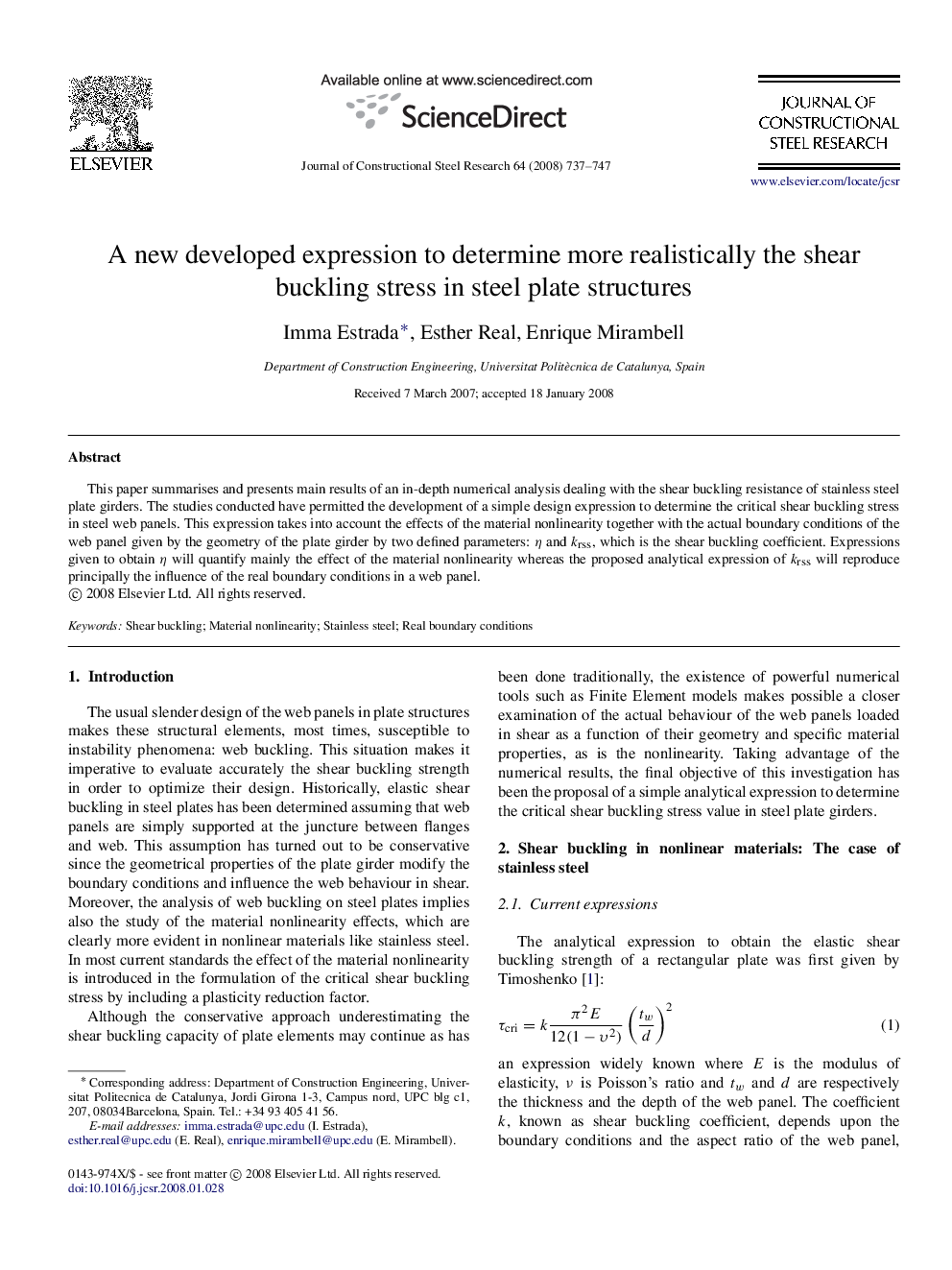 A new developed expression to determine more realistically the shear buckling stress in steel plate structures