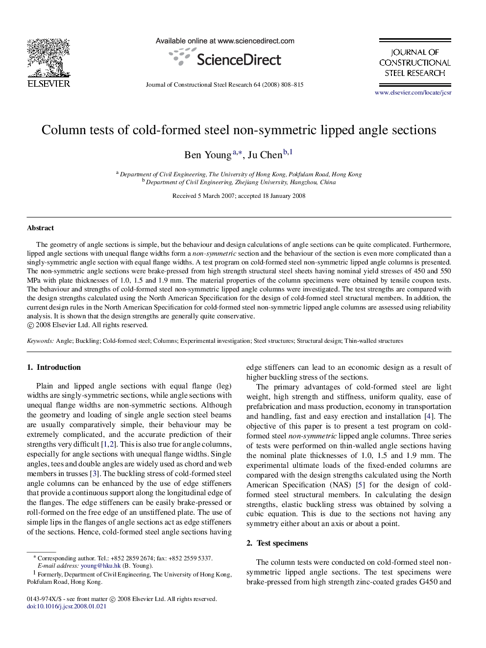 Column tests of cold-formed steel non-symmetric lipped angle sections