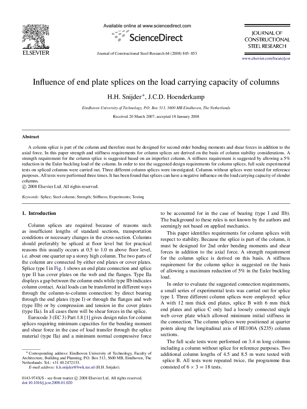 Influence of end plate splices on the load carrying capacity of columns