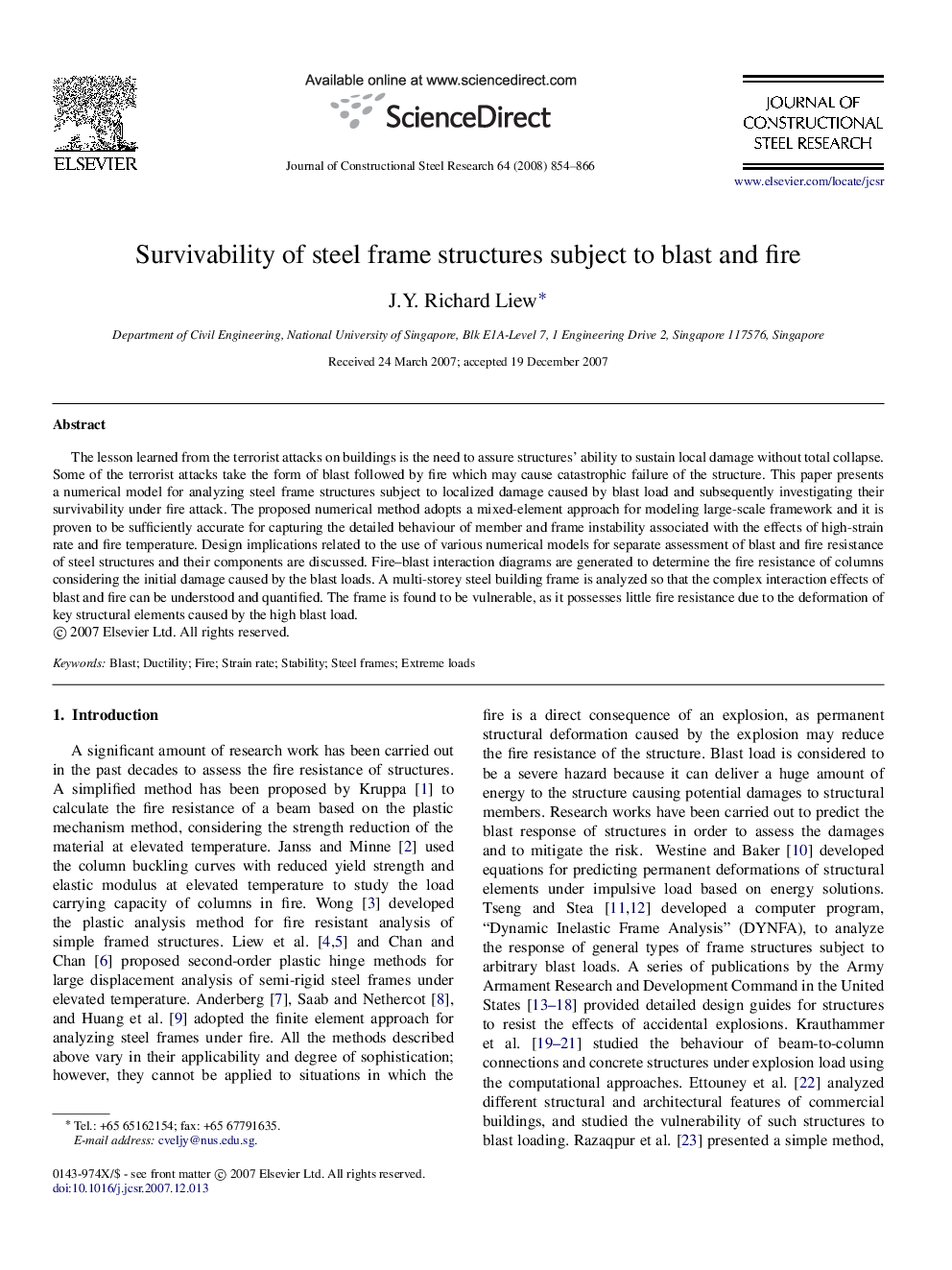 Survivability of steel frame structures subject to blast and fire