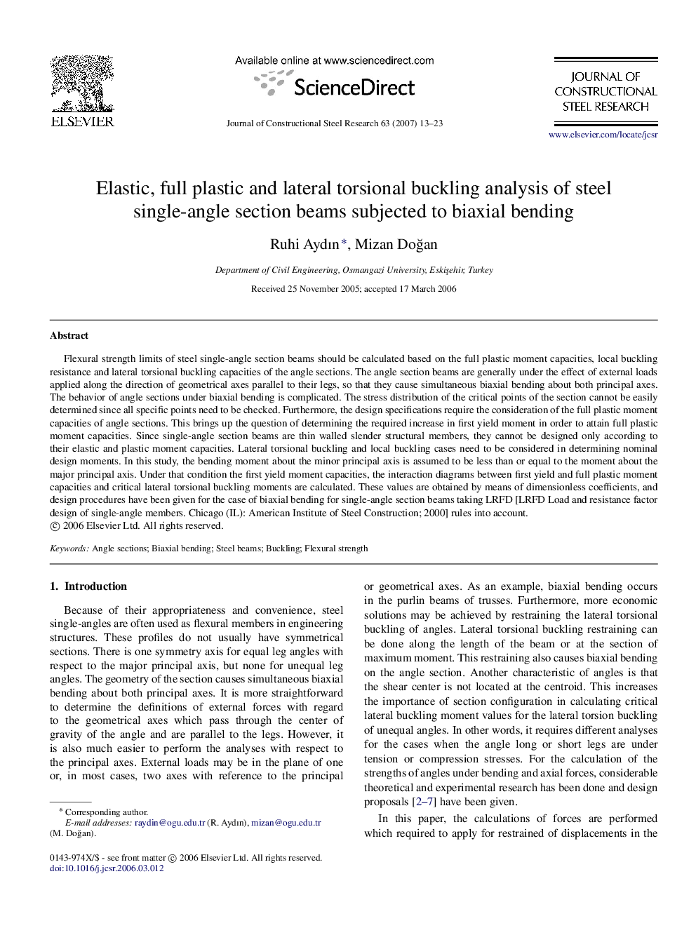 Elastic, full plastic and lateral torsional buckling analysis of steel single-angle section beams subjected to biaxial bending