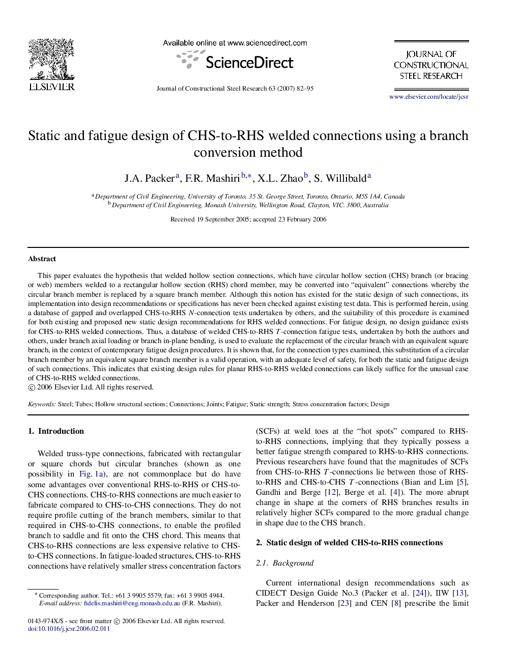 Static and fatigue design of CHS-to-RHS welded connections using a branch conversion method