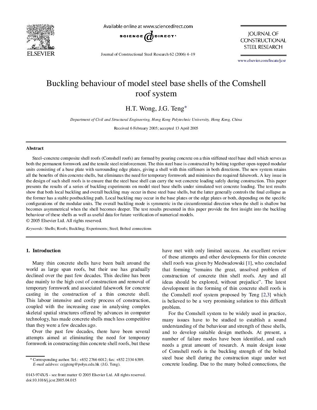 Buckling behaviour of model steel base shells of the Comshell roof system