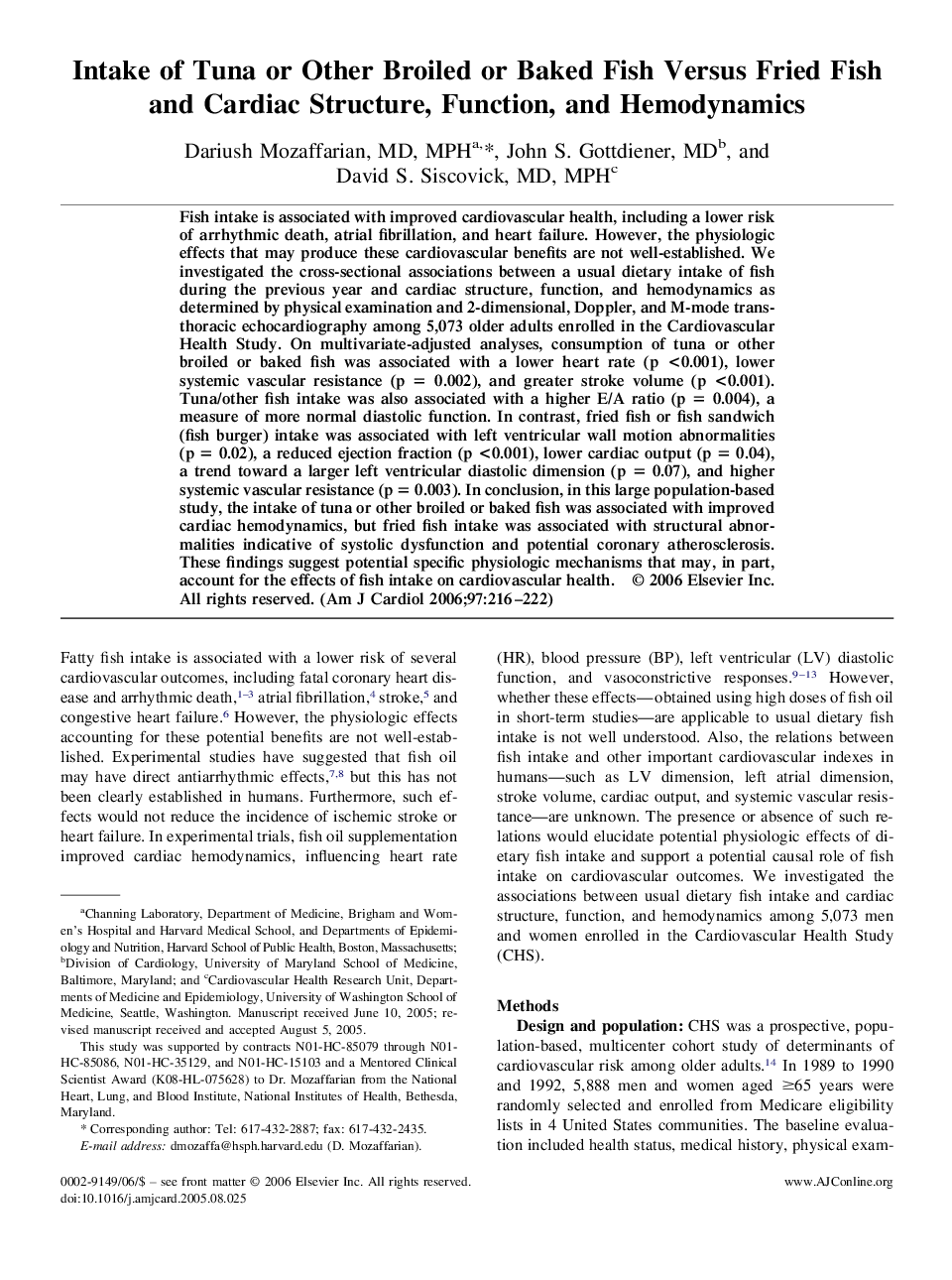Intake of Tuna or Other Broiled or Baked Fish Versus Fried Fish and Cardiac Structure, Function, and Hemodynamics 