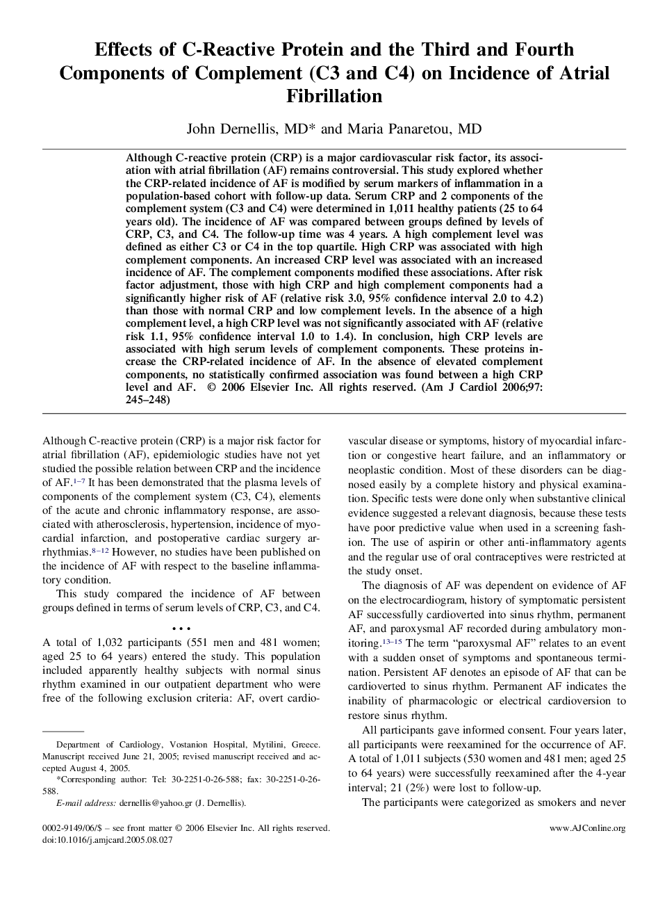 Effects of C-Reactive Protein and the Third and Fourth Components of Complement (C3 and C4) on Incidence of Atrial Fibrillation